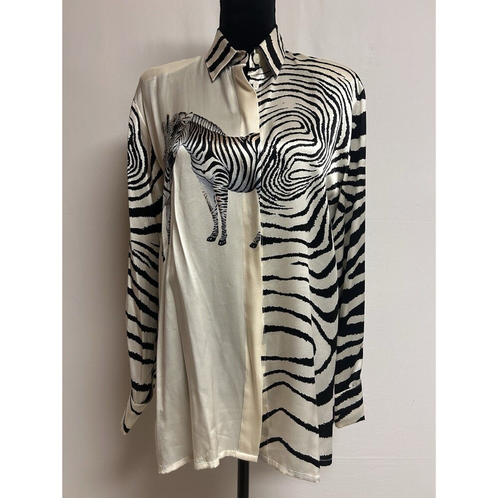 Vintage Paolo Santini Womens 10 Zebra Print Top 100% Silk Button Up Long Sleeve